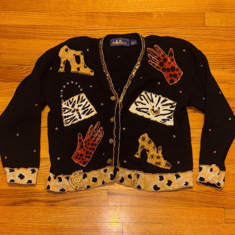 Belle Pointe Novelty Cardigan L Black Beaded Sequin Heels & Purses - Picture 3 of 9
